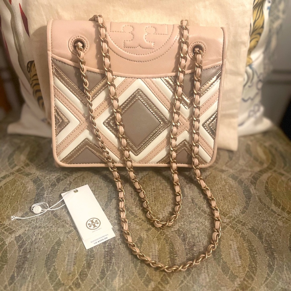 Like new: $550 TORY BURCH Fleming Convertible Shoulder Bag; Pink, Taupe + White
